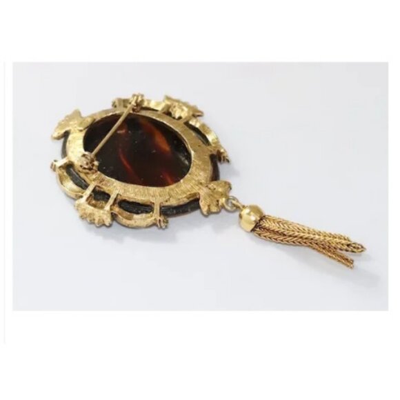 Vintage HOBE Faux Tortoiseshell Gold Tone Tassel Pin Brooch - Picture 4 of 5